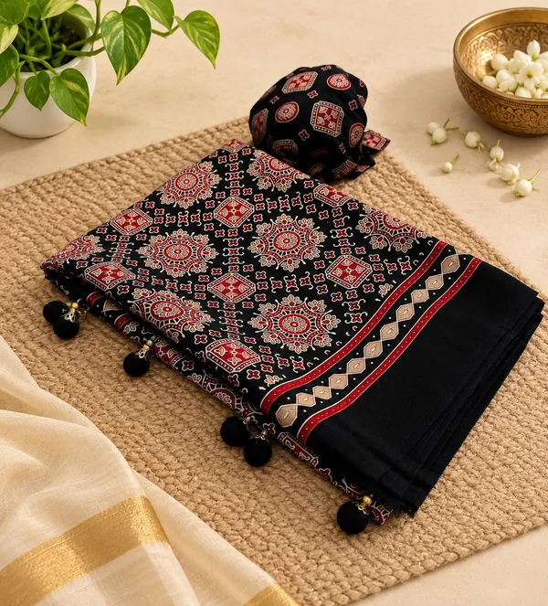 Black_Ajrakh_Print_Trending_Soft_Crepe_Silk_Saree_with_Printed_Blouse_