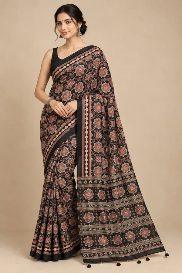 Black_Ajrakh_Print_Trending_Soft_Crepe_Silk_Saree_with_Printed_Blouse_