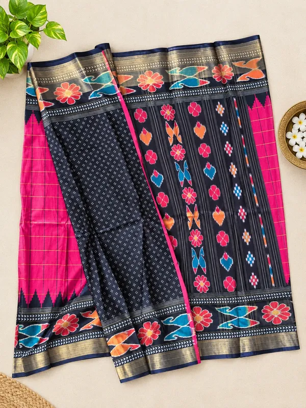 Black_&_Pink_Traditional_Printed_Saree_with_Multicolour_Floral_Border