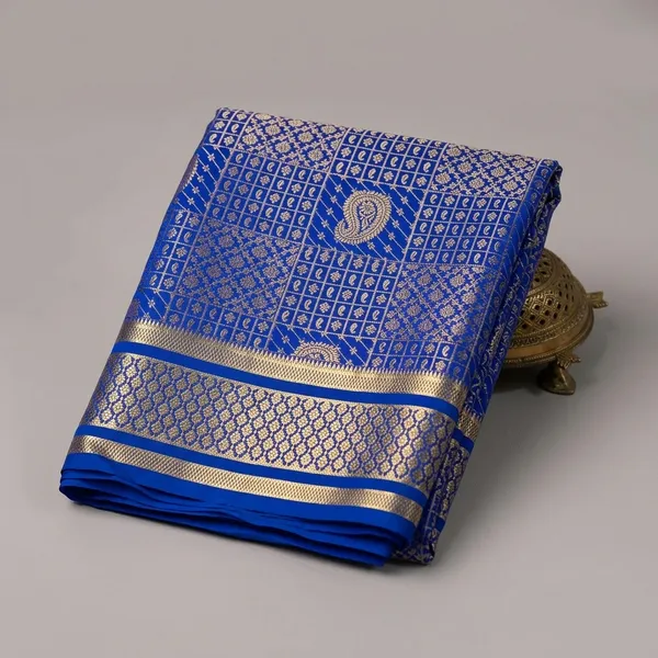 Royal_Blue_Mysore_Brocade_Silk_Bridal_Saree_With_Checks_Pattern
