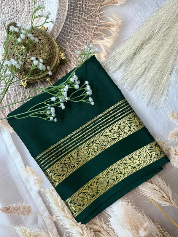Deep_Sea_Green_Mysore_Crepe_Silk_Saee_With_Heavy_Floral_Bentex_Border