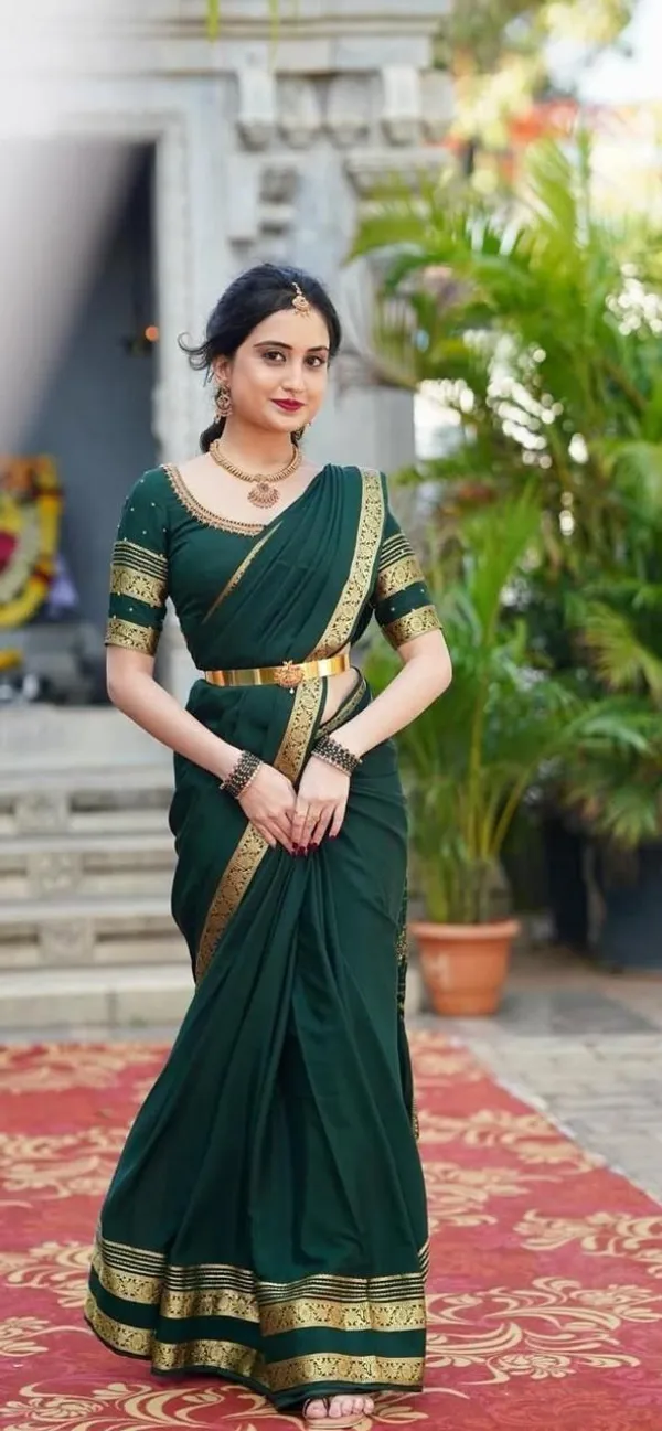 Deep_Sea_Green_Mysore_Crepe_Silk_Saee_With_Heavy_Floral_Bentex_Border