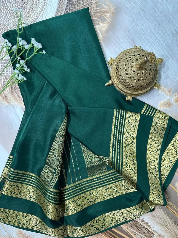Deep_Sea_Green_Mysore_Crepe_Silk_Saee_With_Heavy_Floral_Bentex_Border