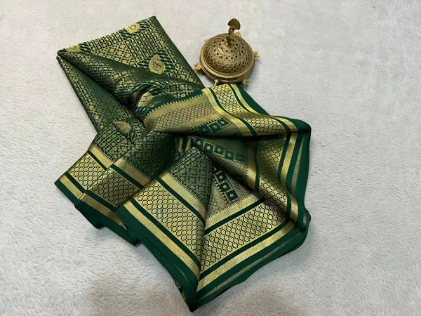 Dark_Celtic_Green_Brocade_Silk_Saree_With_Golden_Zari_Border