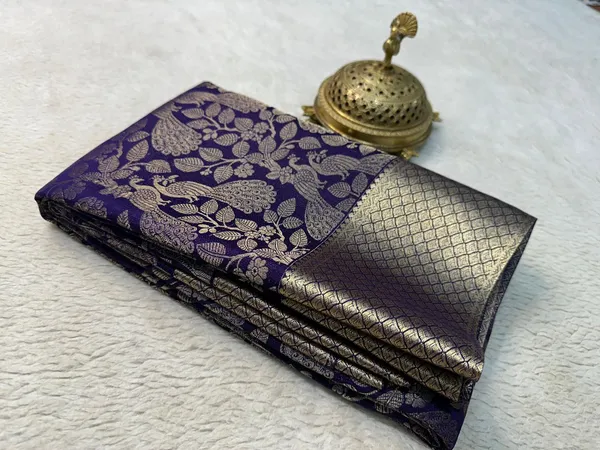 Beyond_Navy_Brocade_Silk_Saree_With_Golden_Zari_Border