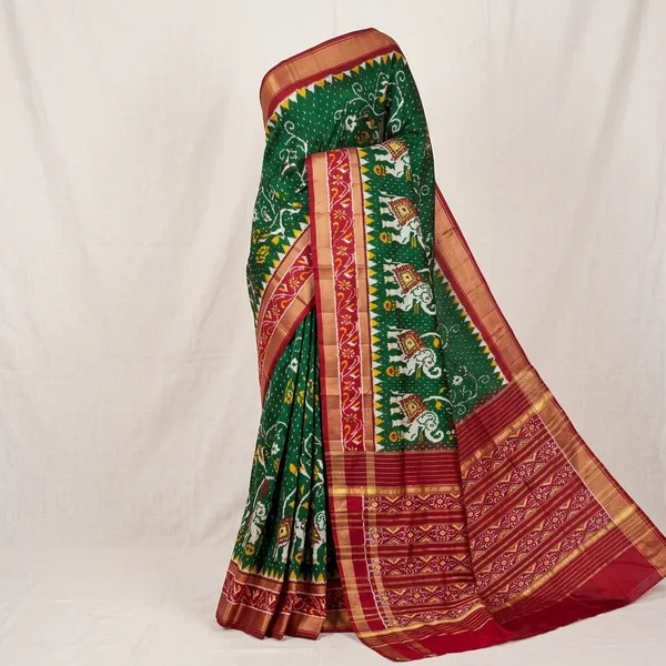 Green_Red_Pochampally_Ikat_Silk_Saree_With_Elephant_Border