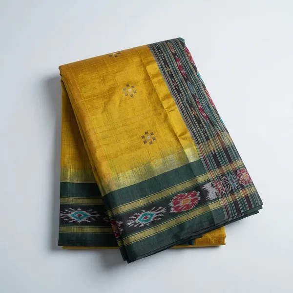 Light_Yellow_Ikat_Print_Silk_Handloom_Saree_With_Green_Border