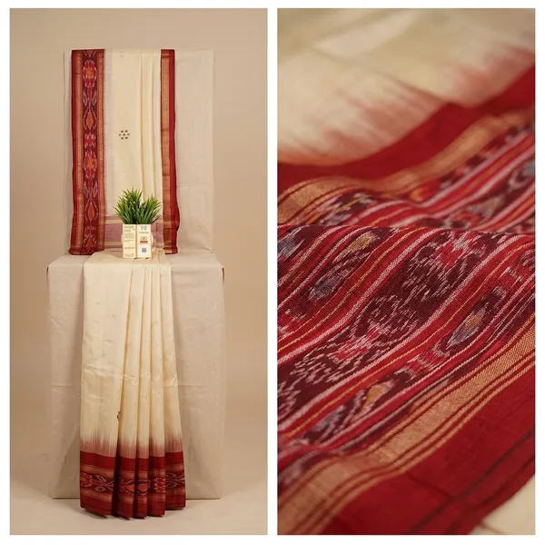 Cream_And_Red_Handloom_Silk_Saree_With_Traditional_Border