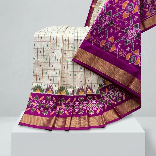 Purple_White_Ikkat_Silk_Saree_With_Gold_Border_For_Women