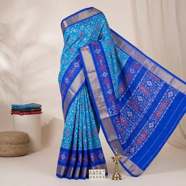 Blue_Patola_Ikat_Silk_Saree_With_Silver_Border