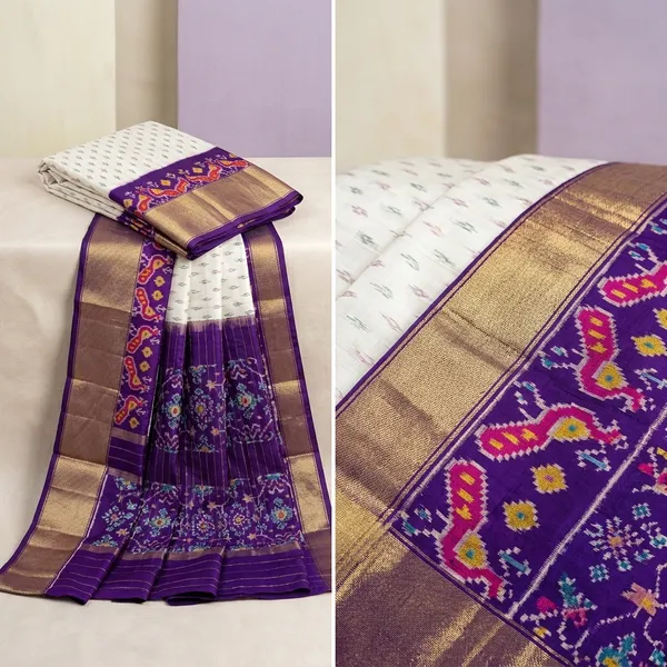 White_And_Purple_Soft_Ikat_Silk_Saree_With_Zari_Border