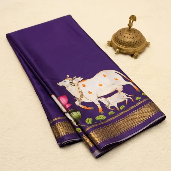 Purple_Blue_Kamdhenu_Motif_Crepe_Soft_Silk_Saree_Art_Illustrated_With_Zari_Border