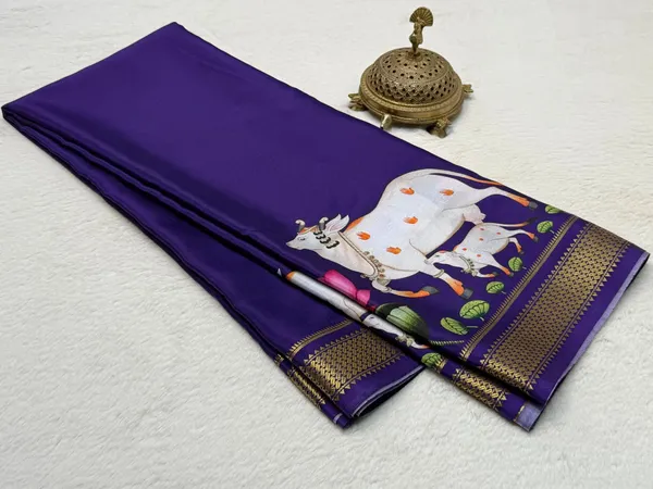 Purple_Blue_Kamdhenu_Motif_Crepe_Soft_Silk_Saree_Art_Illustrated_With_Zari_Border