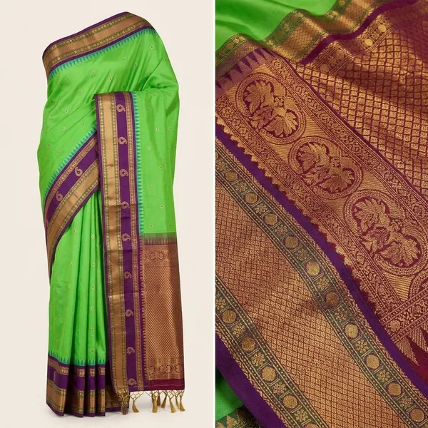 Green_Pattu_Banarasi_Silk_Saree_With_Purple_And_Gold_Zari_Border