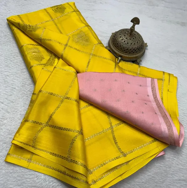 Light_Yellow_Soft_Silk_Saree_Borderless_Checks_Pattern_with__Peacock_Butta's