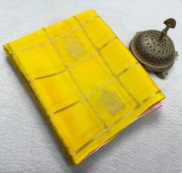 Light_Yellow_Soft_Silk_Saree_Borderless_Checks_Pattern_with__Peacock_Butta's