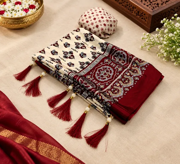 Premium_Printed_Silk_Saree_with_Designer_Maroon_Border_&_Tassels