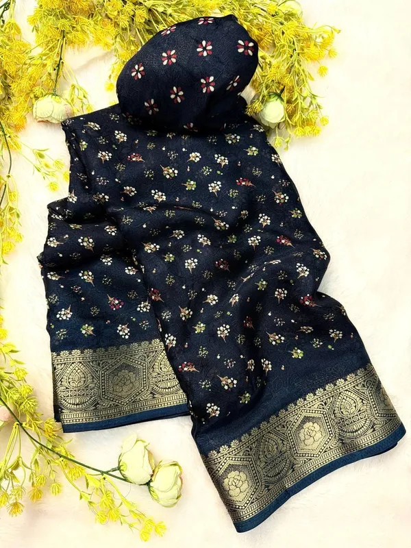 Soft_Navy_Blue_Marshmallow_Georgette_Floral_Printed_Saree_with_Jacquard_Zari_Border