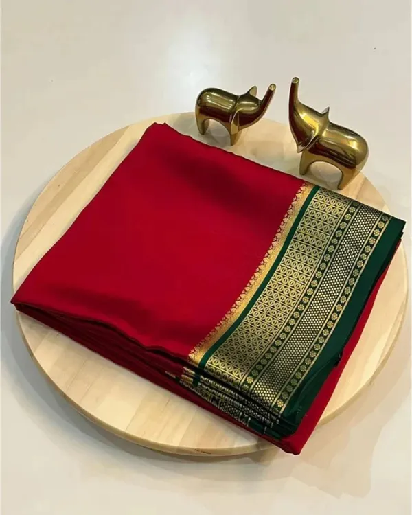 Red_Mysore_Crepe_Silk_Saree_With_Golden_Zari_Border_For_Women