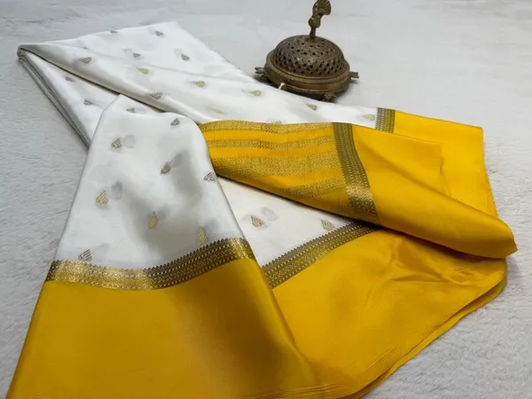 White_&_Mustard_Yellow_Semi_Mysore_silk_saree_With__Buti_Work
