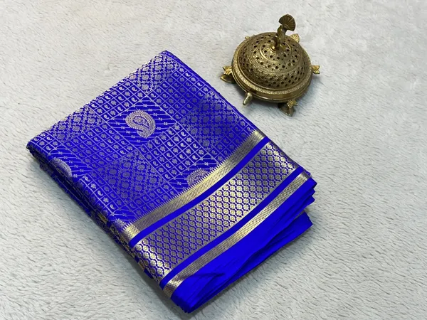 Royal_Blue_Mysore_Brocade_Silk_Bridal_Saree_With_Checks_Pattern