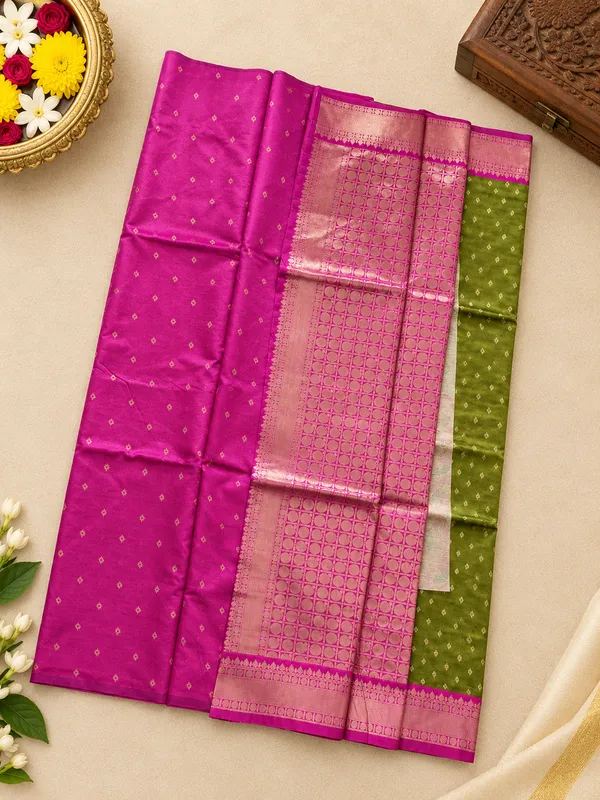 Kanjivaram_Silk_Saree_In_Handloom_Butta_With_Green_with_Purple_Border