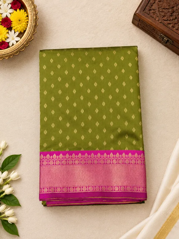 Kanjivaram_Silk_Saree_In_Handloom_Butta_With_Green_with_Purple_Border