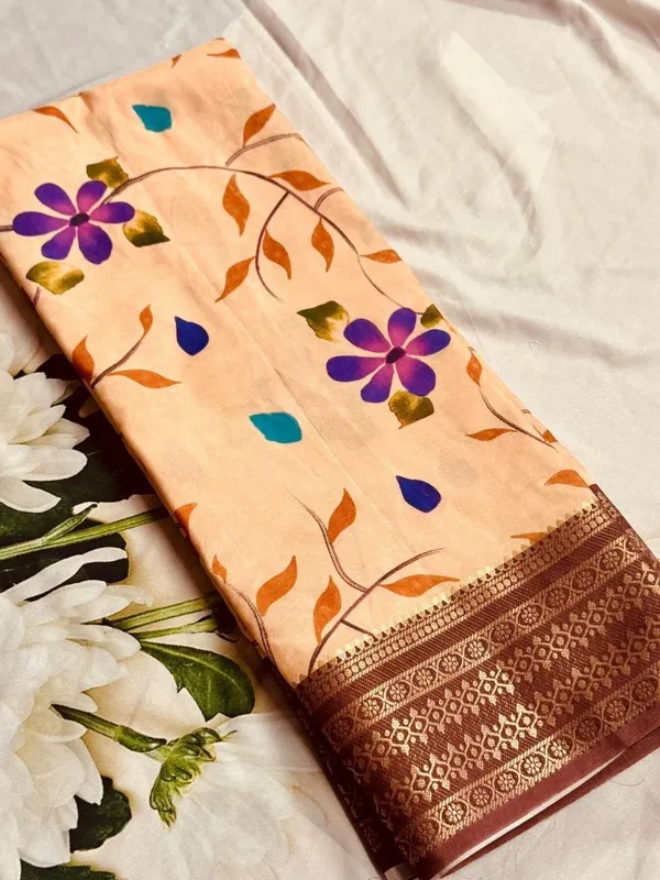 Deep_Peach_Floral_Print_Soft_Silk_Saree_With_Zari_Border