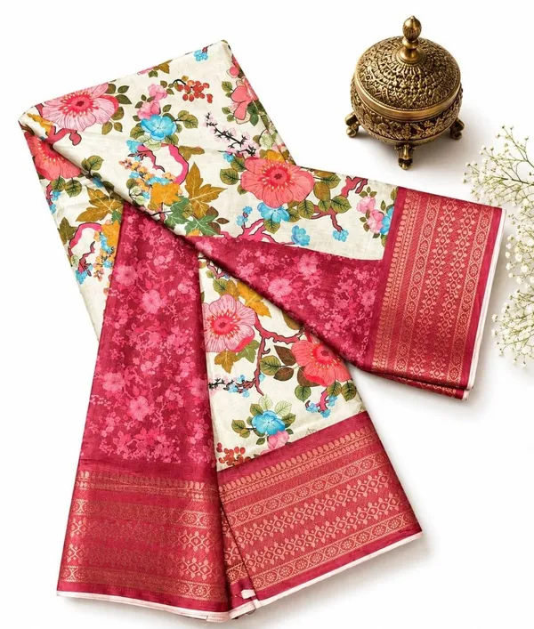 Maroon_Soft_Silk_Floral_Print_Saree_With_Golden_Border