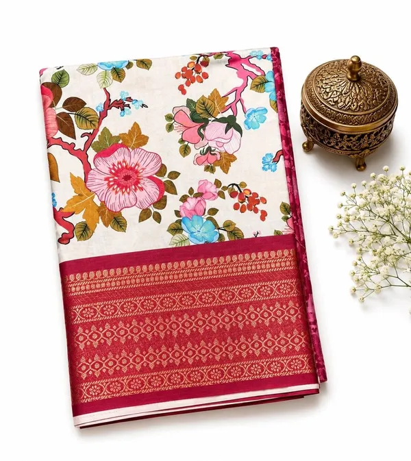 Maroon_Soft_Silk_Floral_Print_Saree_With_Golden_Border