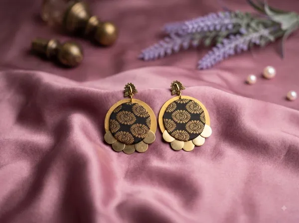 Black_Brocade_Fabric_With_Brass_Coins_Stud_Earrings