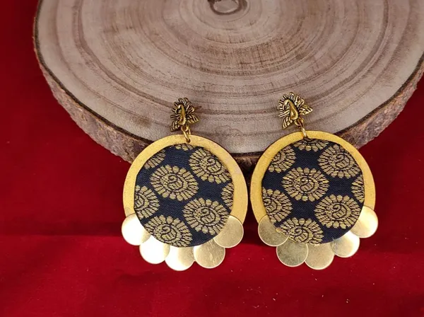 Black_Brocade_Fabric_With_Brass_Coins_Stud_Earrings
