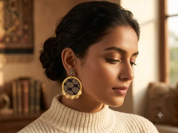 Black_Brocade_Fabric_With_Brass_Coins_Stud_Earrings