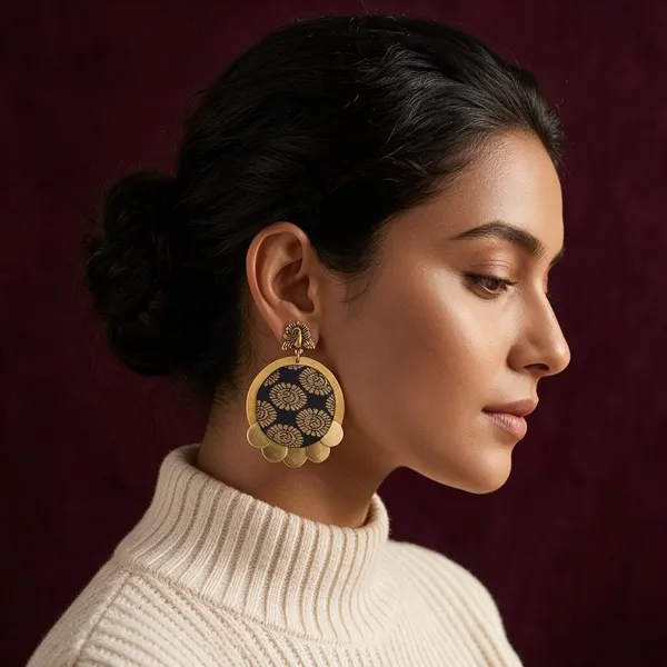 Black_Brocade_Fabric_With_Brass_Coins_Stud_Earrings