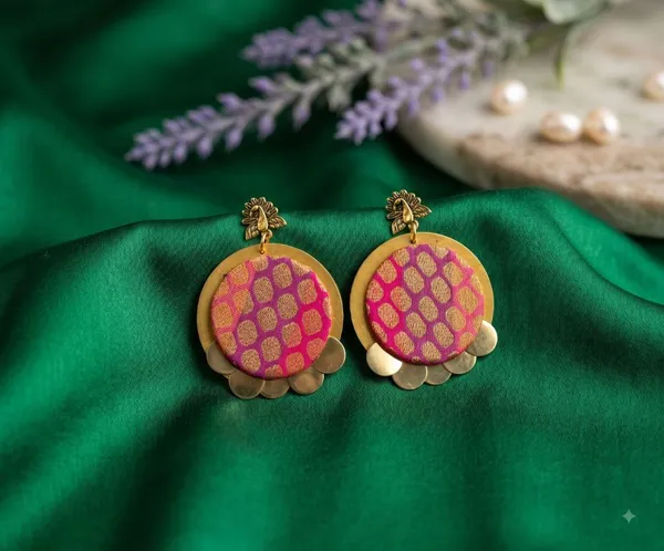 Pink_Brocade_Fabric_With_Brass_Coins_Stud_Earrings