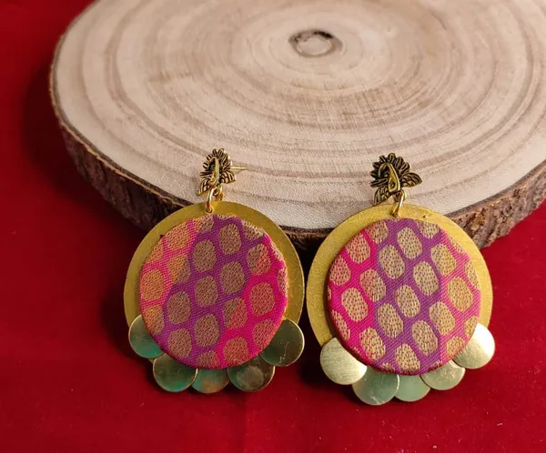 Pink_Brocade_Fabric_With_Brass_Coins_Stud_Earrings