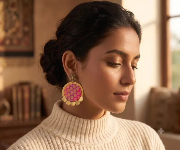 Pink_Brocade_Fabric_With_Brass_Coins_Stud_Earrings