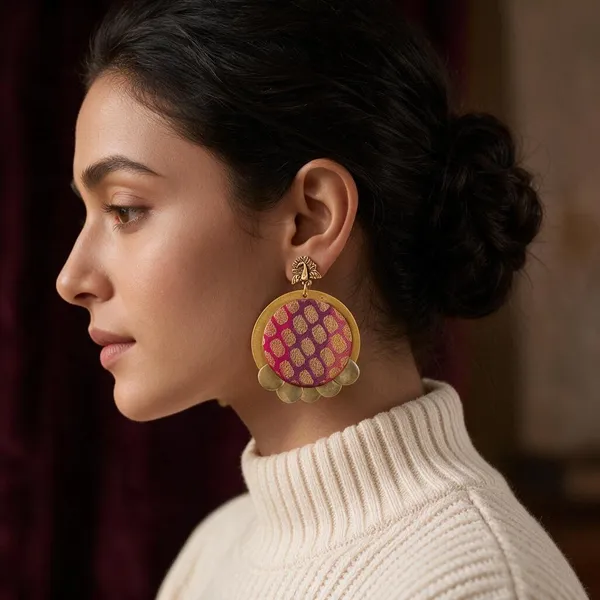 Pink_Brocade_Fabric_With_Brass_Coins_Stud_Earrings