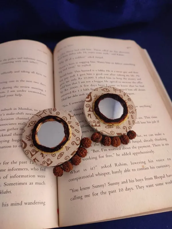 Mantra_Fabric_With_Rudraksha_Beads_Round_Earrings
