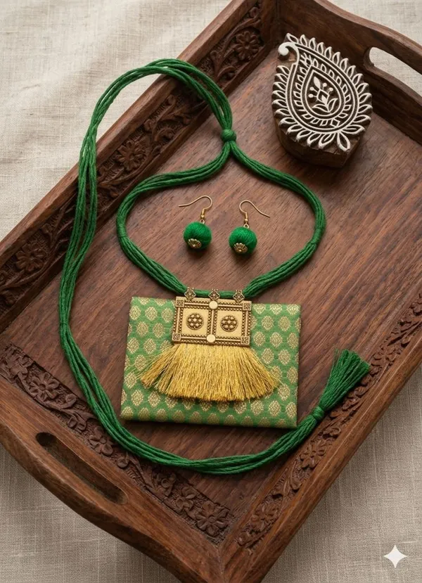 Green_Brocade_Fabric_Necklace_With_Tassles_For_Women