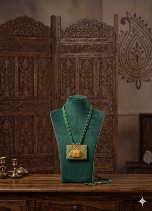 Green_Brocade_Fabric_Necklace_With_Tassles_For_Women