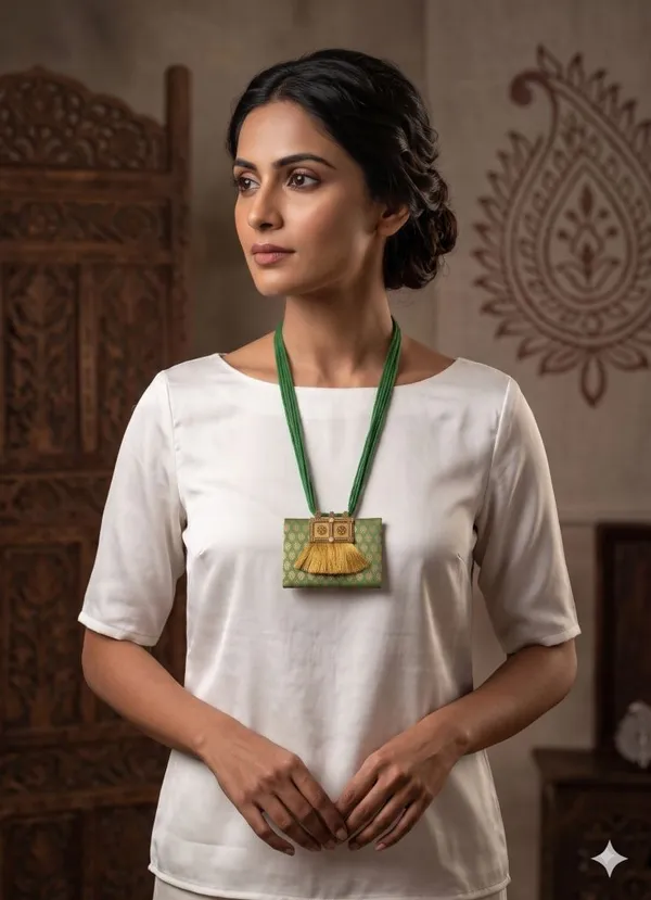 Green_Brocade_Fabric_Necklace_With_Tassles_For_Women
