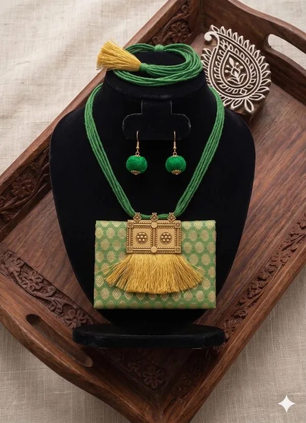 Green_Brocade_Fabric_Necklace_With_Tassles_For_Women