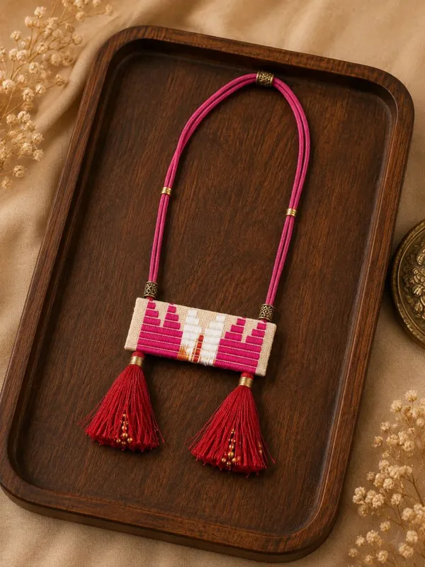 Pink_Woven_Tassel_Necklace_For_Women