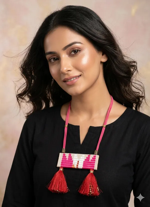 Pink_Woven_Tassel_Necklace_For_Women