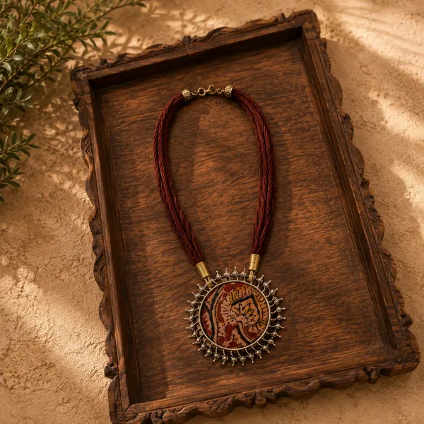 Brown_Kalamkari_Fabric_Pendant_Necklace_For_Women
