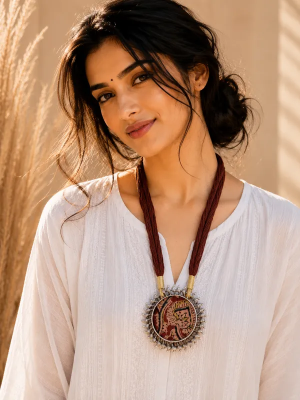 Brown_Kalamkari_Fabric_Pendant_Necklace_For_Women