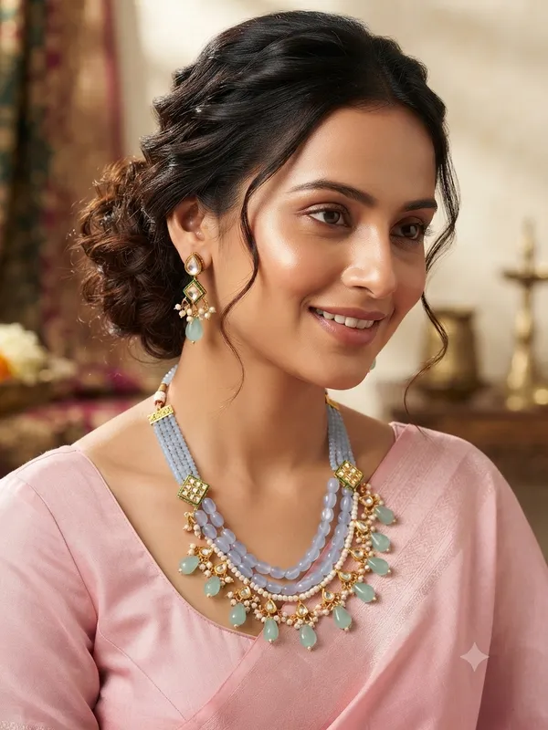 Gold-Plated_Layered_Kundan_Long_Necklace_Set_with_Mint_Beads