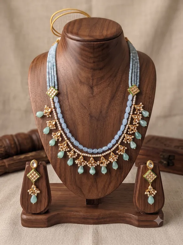 Gold-Plated_Layered_Kundan_Long_Necklace_Set_with_Mint_Beads