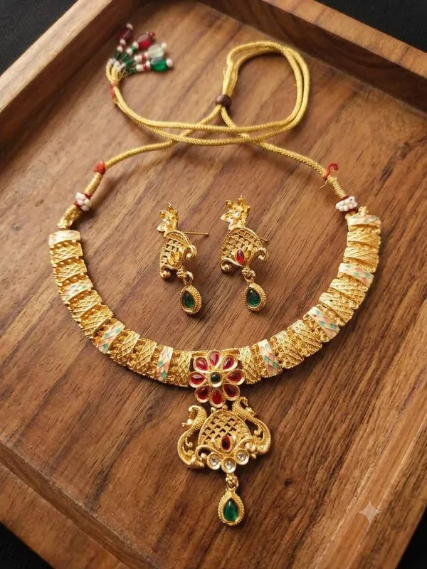 Gold-Plated_Meenakari_Floral_and_Peacock_Metal_Pendant_Necklace_Set